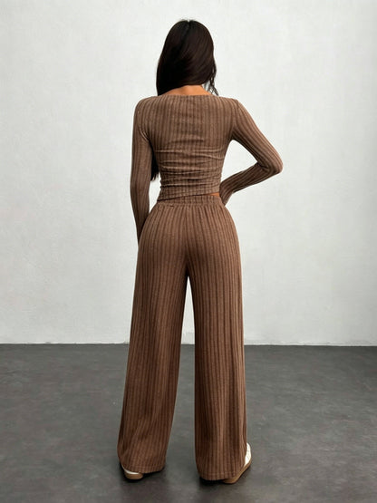 Ensemble côtelé femme 2 pièces pull court et pantalon large gris