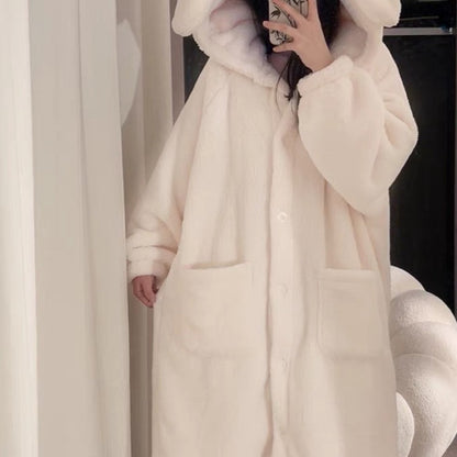Robe de chambre longue Femme à capuche Oreilles de lapin Blanc cassé Doux Polaire