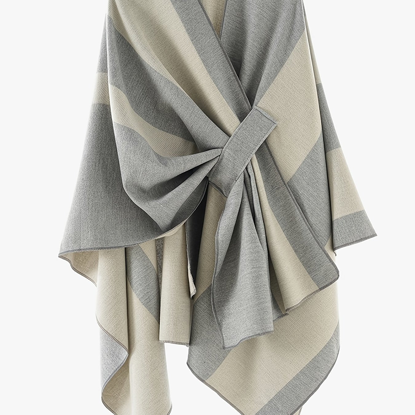 Poncho Cape Femme Rayé Bicolore avec Nœud Décoratif Doux