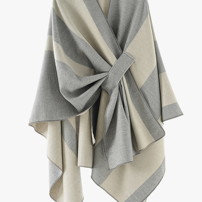 Poncho Cape Femme Rayé Bicolore avec Nœud Décoratif Doux