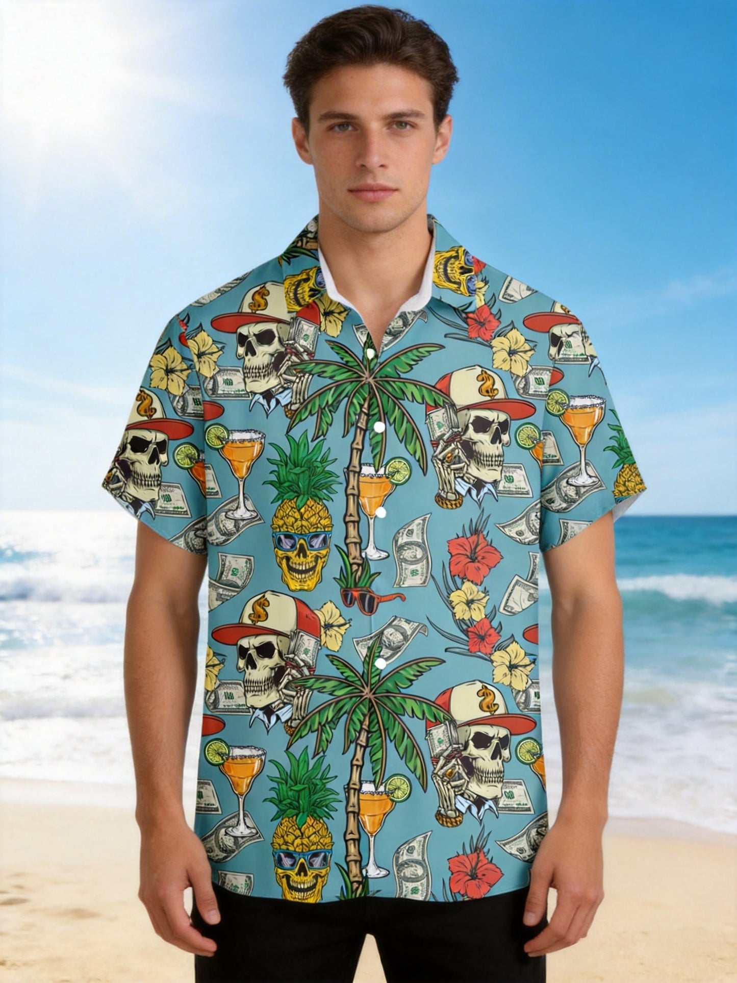 Hawaiihemd für Herren mit tropischem Motiv, Totenkopf und Dollarzeichen – lässiger Sommer-, Strand- und Urlaubsstil  