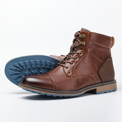 Bottes montantes pour homme marron avec lacets et semelle bleue contrastante