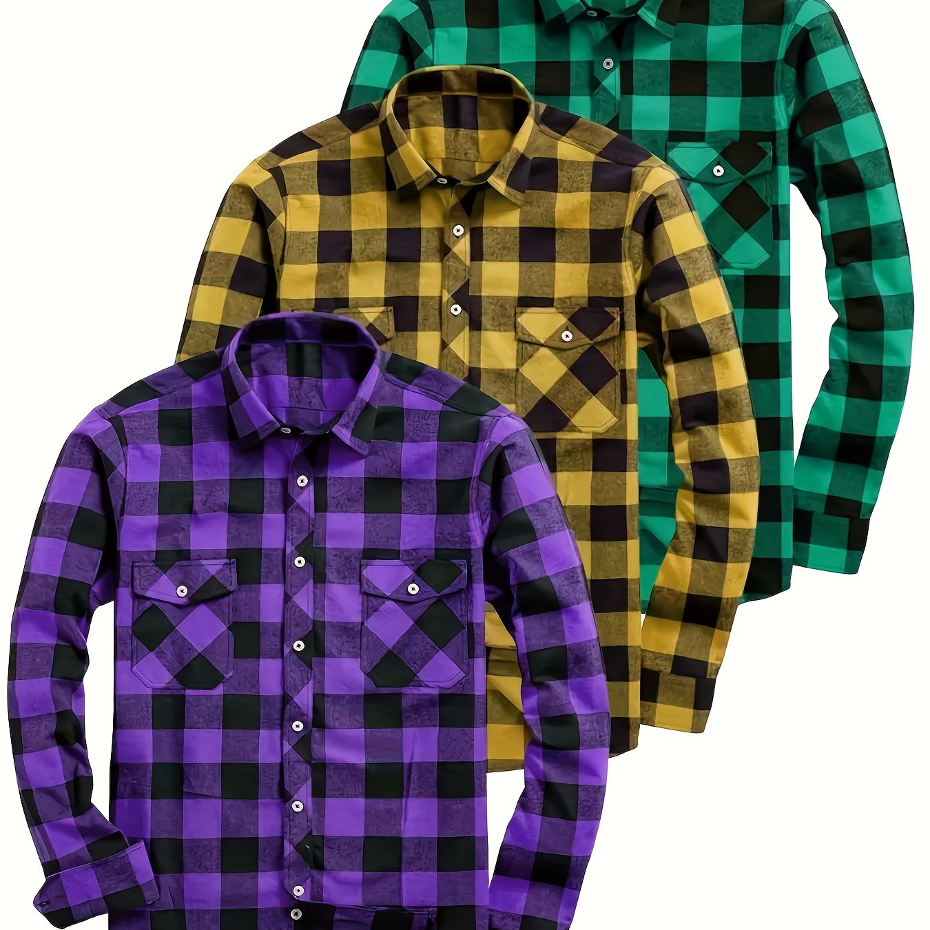 Chemise à Carreaux Homme Manches Longues à Col Classique et Poches Poitrine Couleurs Variées