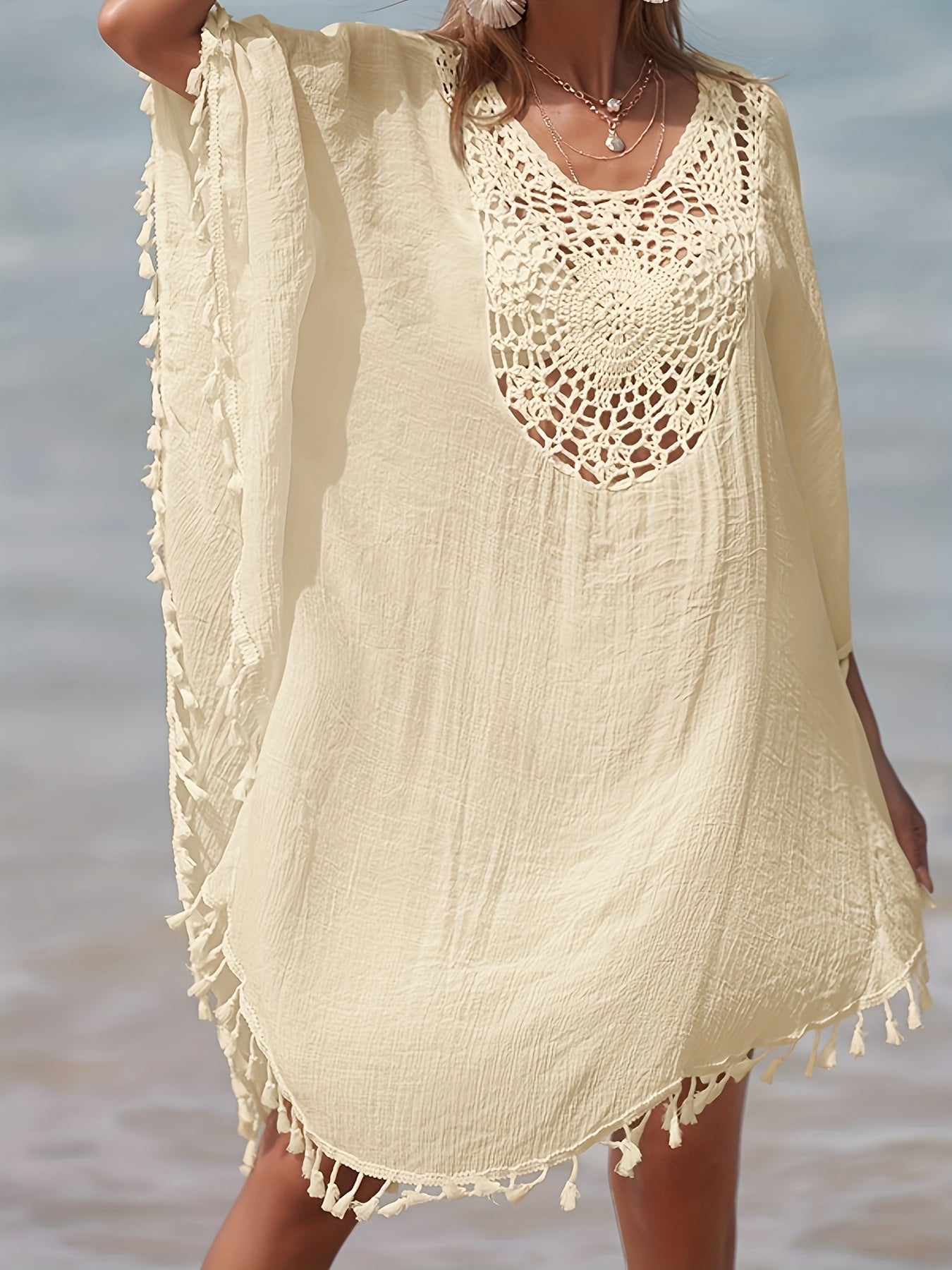 Tunique de plage femme style poncho bohème chic avec crochet et franges - idéal par-dessus maillot