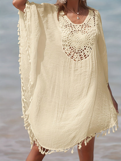 Tunique de plage femme style poncho bohème chic avec crochet et franges - idéal par-dessus maillot