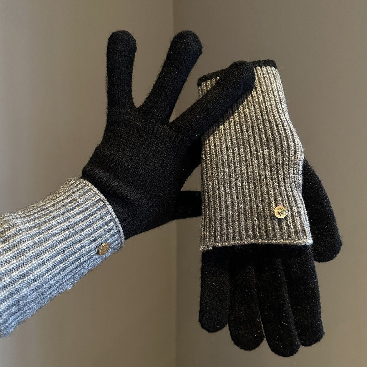 Gants tricotés bicolores convertibles avec mitaines rabattables pour femme