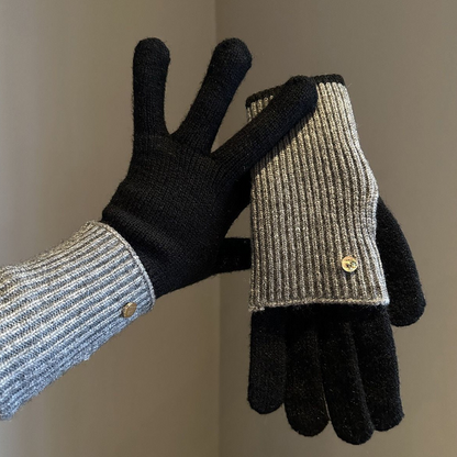 Gants tricotés bicolores convertibles avec mitaines rabattables pour femme