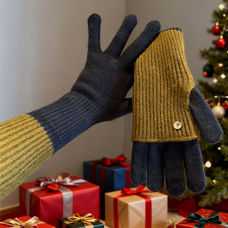 Gants tricotés bicolores convertibles avec mitaines rabattables pour femme