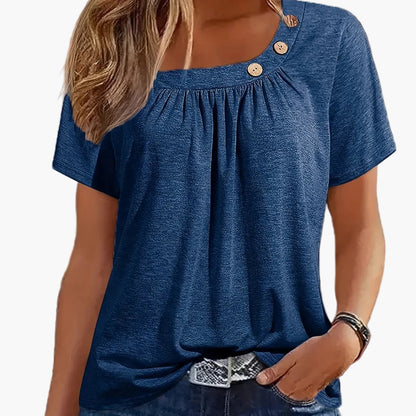 T-shirt femme col asymétrique à boutons style décontracté chic pour loisirs ou sorties