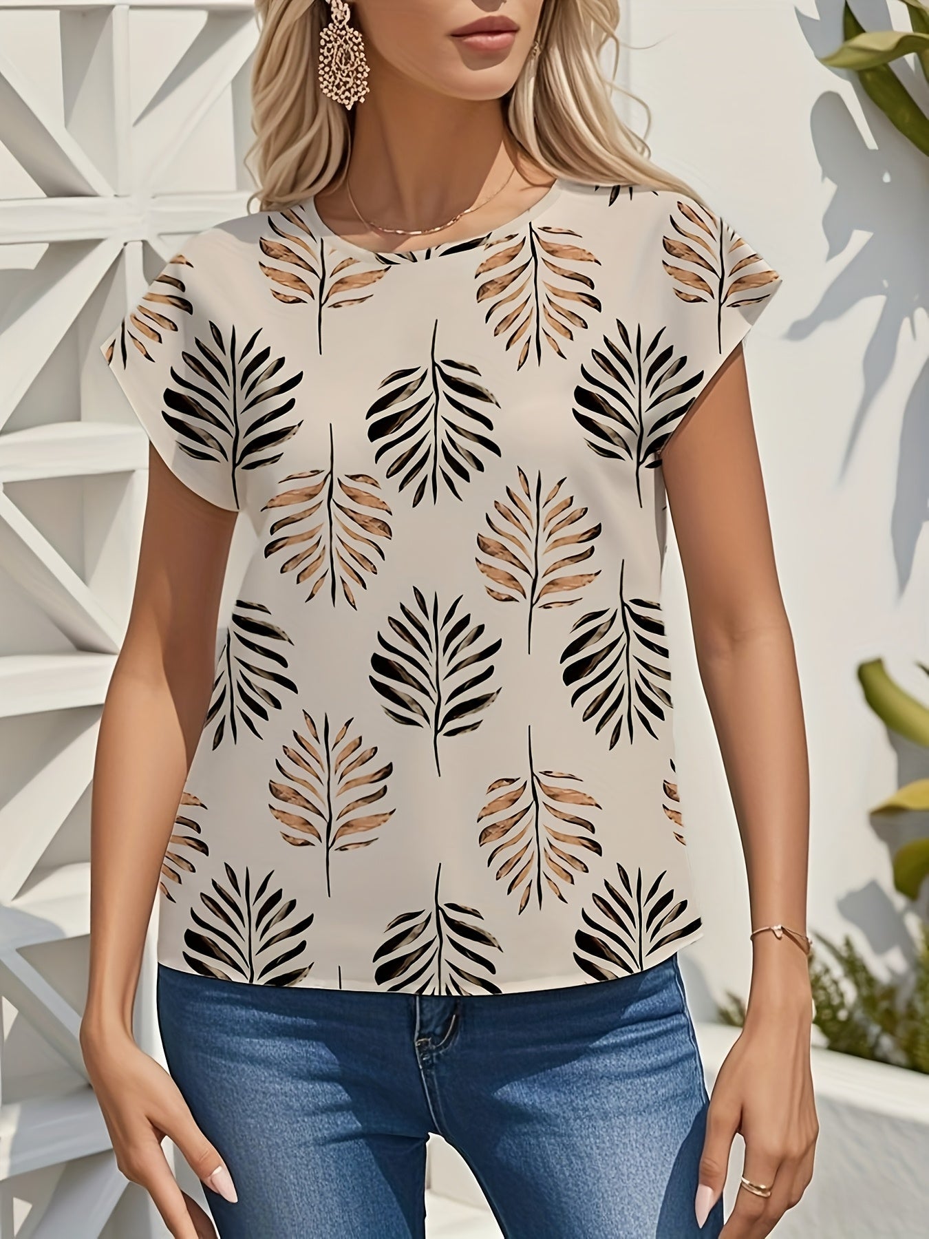 Blouse Femme Élégante à Imprimé Feuilles Style Printanier Été – Idéal pour Sorties Décontractées