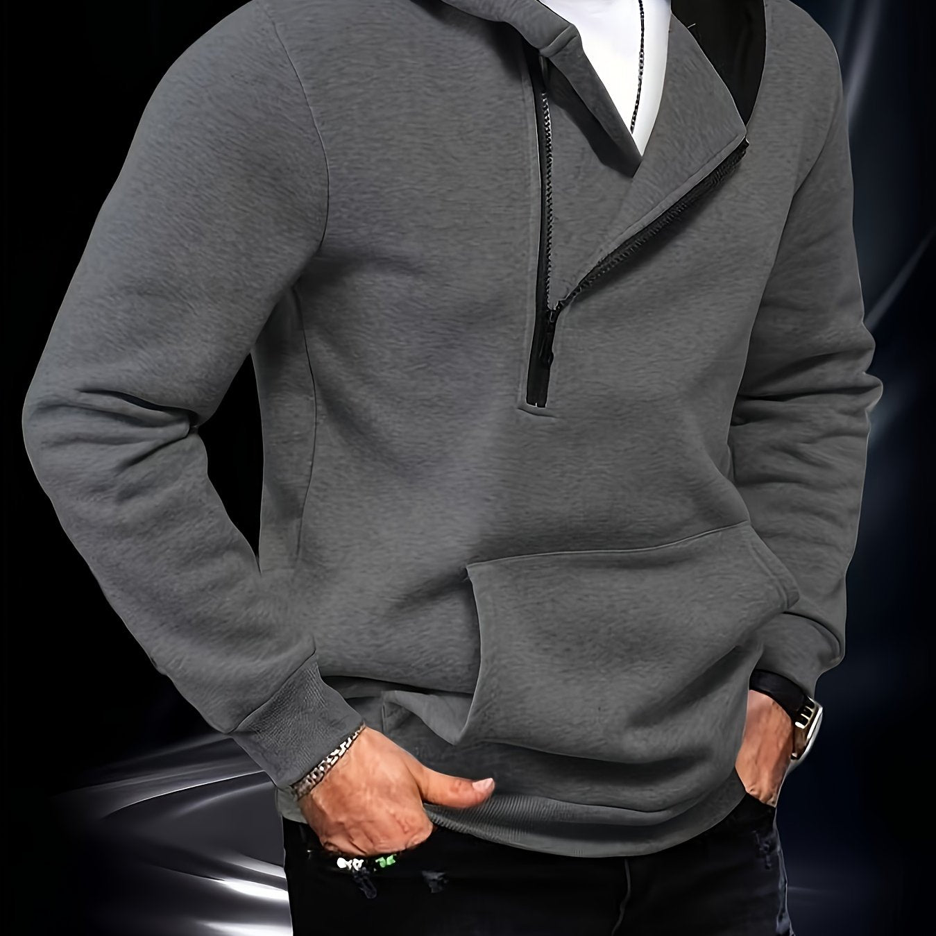 Sweat à Capuche Homme Zippé Asymétrique Couleur Unie avec Poche Kangourou