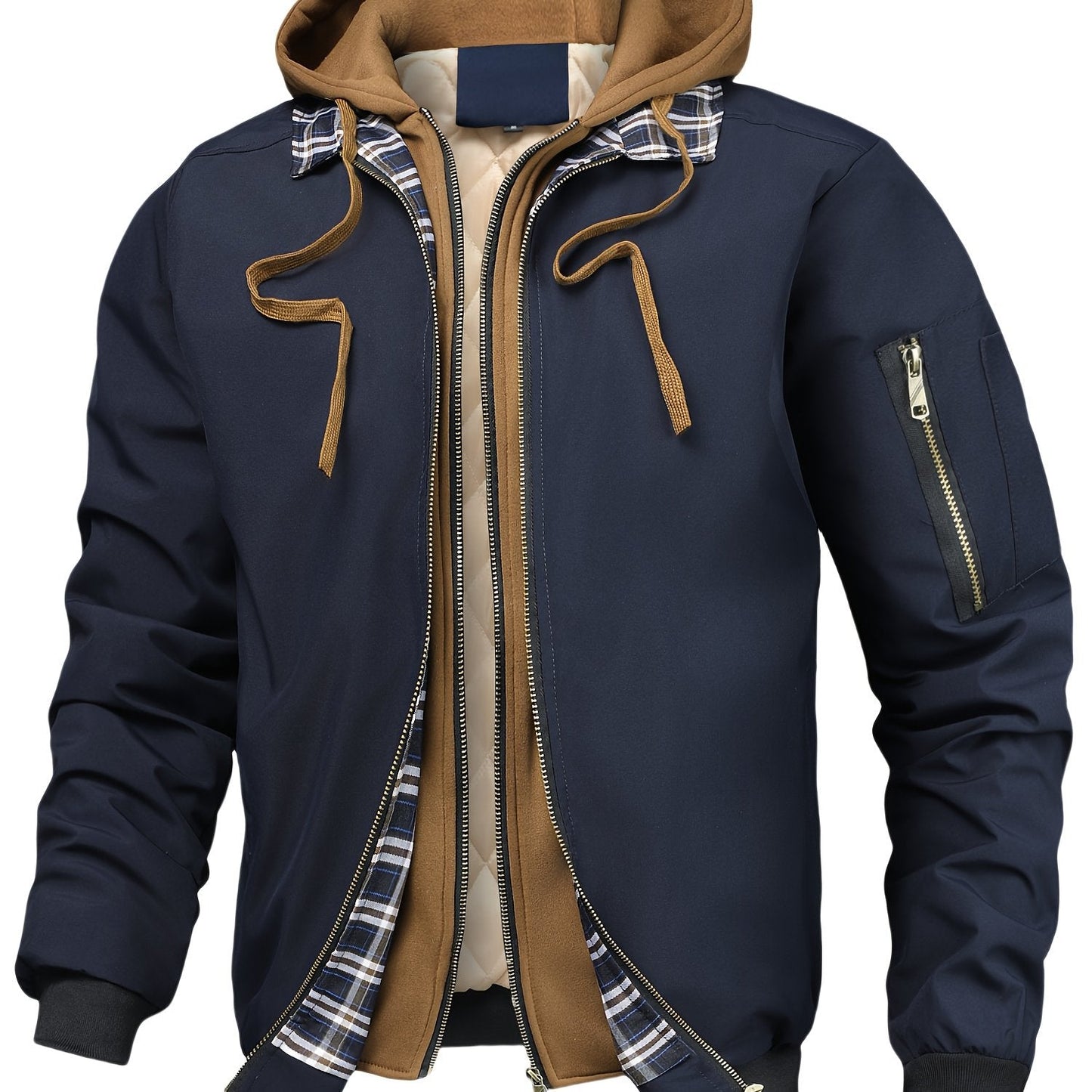 Veste homme style bombardier avec capuche et doublure matelassée amovible, beige