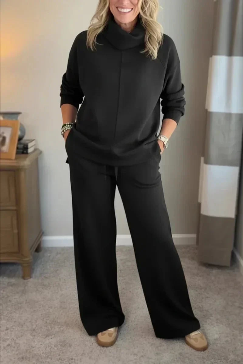 Dameset met sweater met opstaande kraag & comfortabele wijde broek
