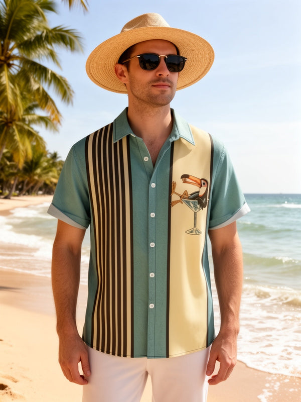 Chemise de plage décontractée homme style tropical à motif toucan – idéale pour l'été et les vacances