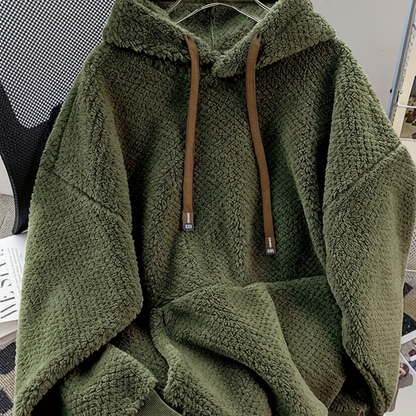 Sweat à Capuche Doux Effet Peluche Vert Militaire avec Cordon Contrastant