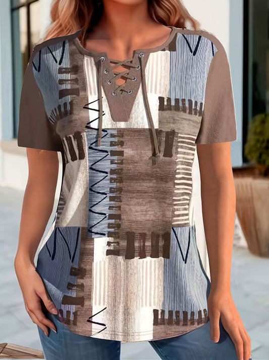 T-shirt décontracté à motif géométrique lacé pour femme, style estival urbain