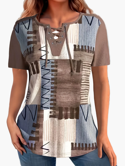 T-shirt décontracté à motif géométrique lacé pour femme, style estival urbain