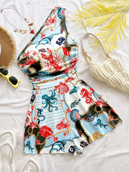 Damen Jumpsuit mit Shorts, einseitig, tropischer Chic für den Sommer