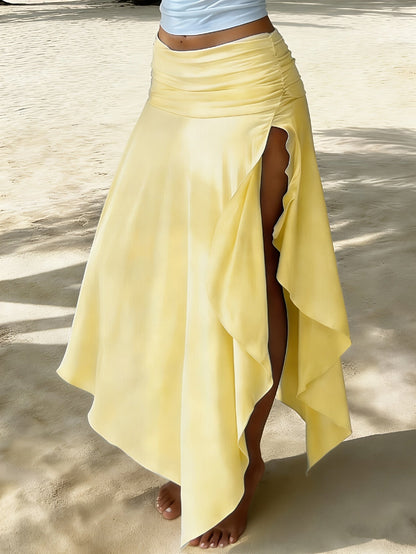 Falda larga de playa para mujer estilo bohemio con cintura fruncida y dobladillo asimétrico - Ideal para vacaciones y la costa