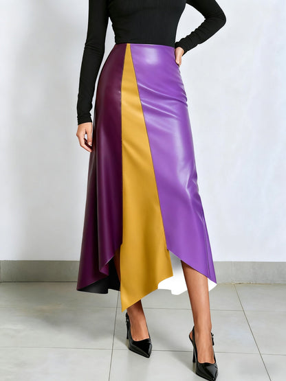 Jupe longue asymétrique femme à blocs de couleurs finition brillante