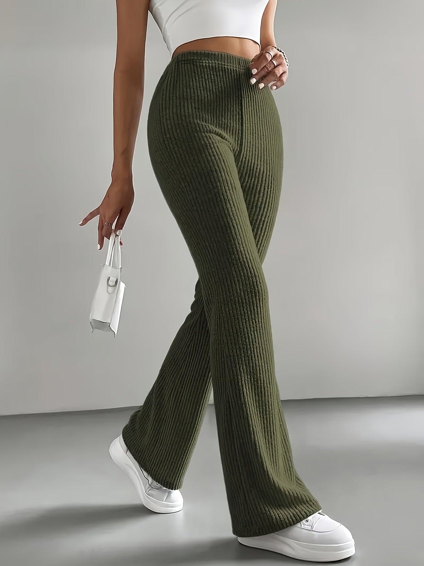 Pantalon côtelé évasé taille haute femme - Noir, Vert kaki, Marron