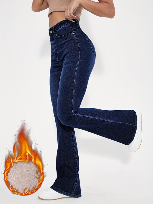 Jean évasé taille haute bleu foncé doublé matière douce pour femme