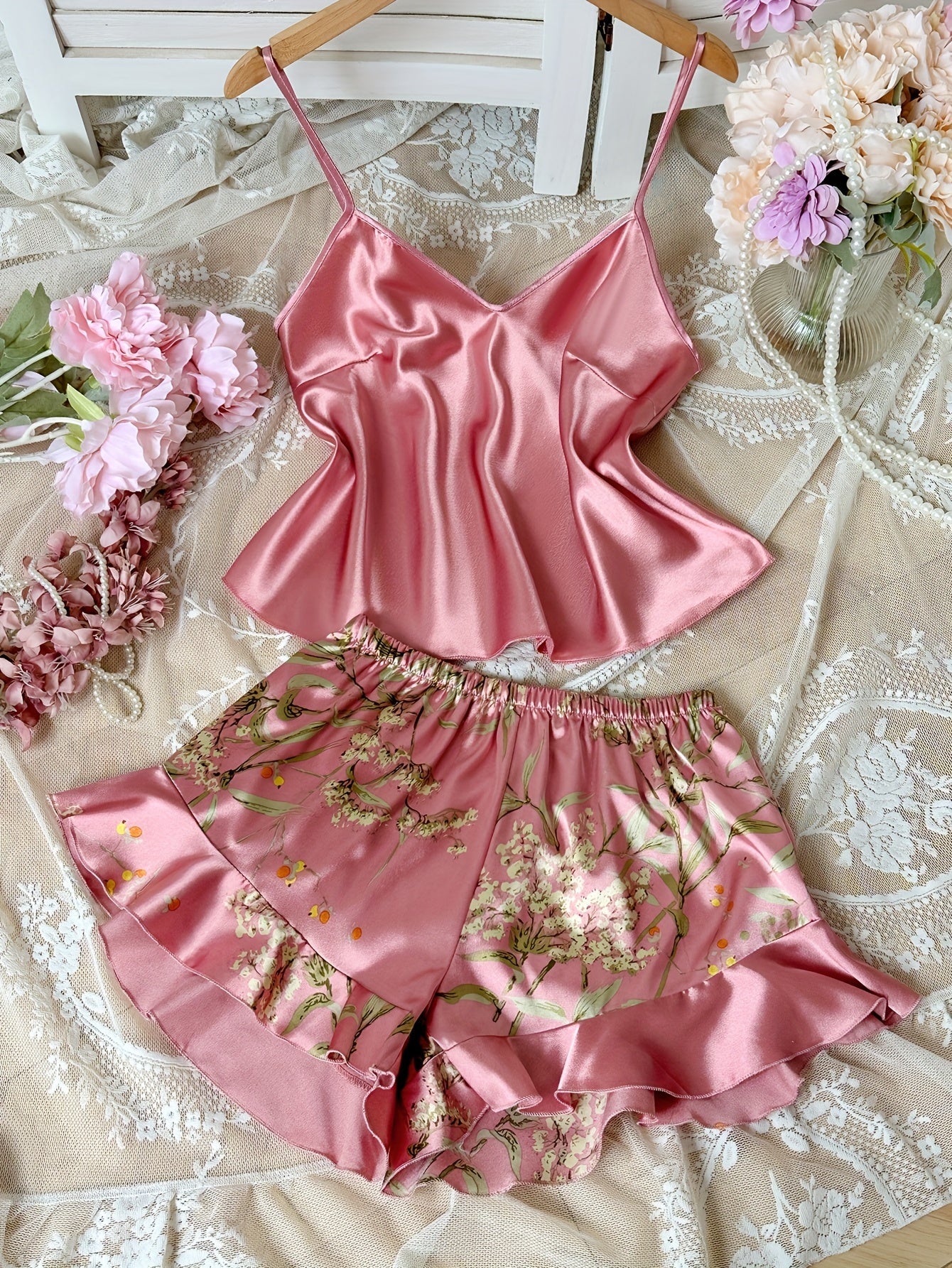 Pyjama Femme Style Élégant Décontracté à Bretelles Imprimé Fleuri – Ensemble Haut et Short d'Été