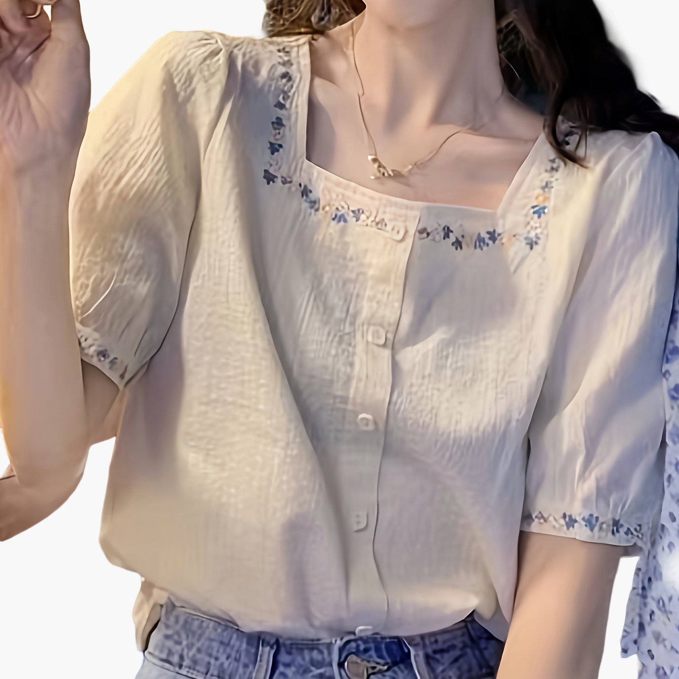 Elegant women's blouse with square neckline and floral embroidery, casual spring-summer style