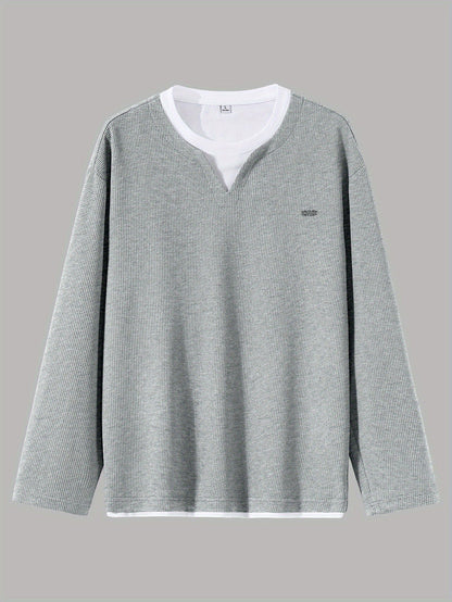 Pull Homme Maille Gaufre Bicolore Col V Manches Longues Gris