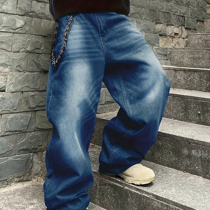 Jean large délavé coupe baggy bleu foncé style urbain unisexe