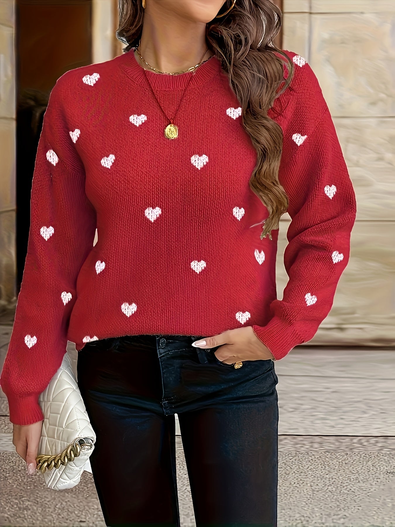Pull Femme Col Rond en Maille Coeurs Beige Noir