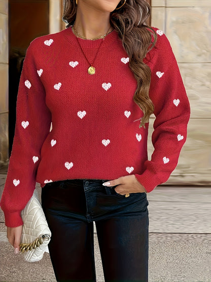 Pull Femme Col Rond en Maille Coeurs Beige Noir