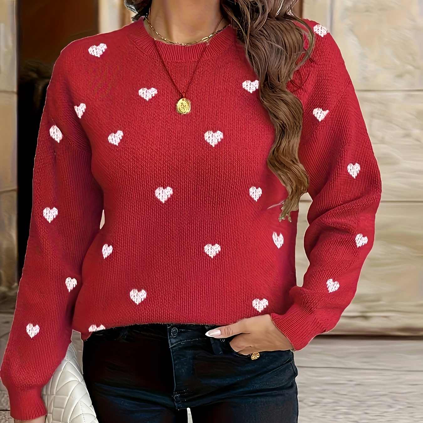 Pull Femme Col Rond en Maille Coeurs Beige Noir