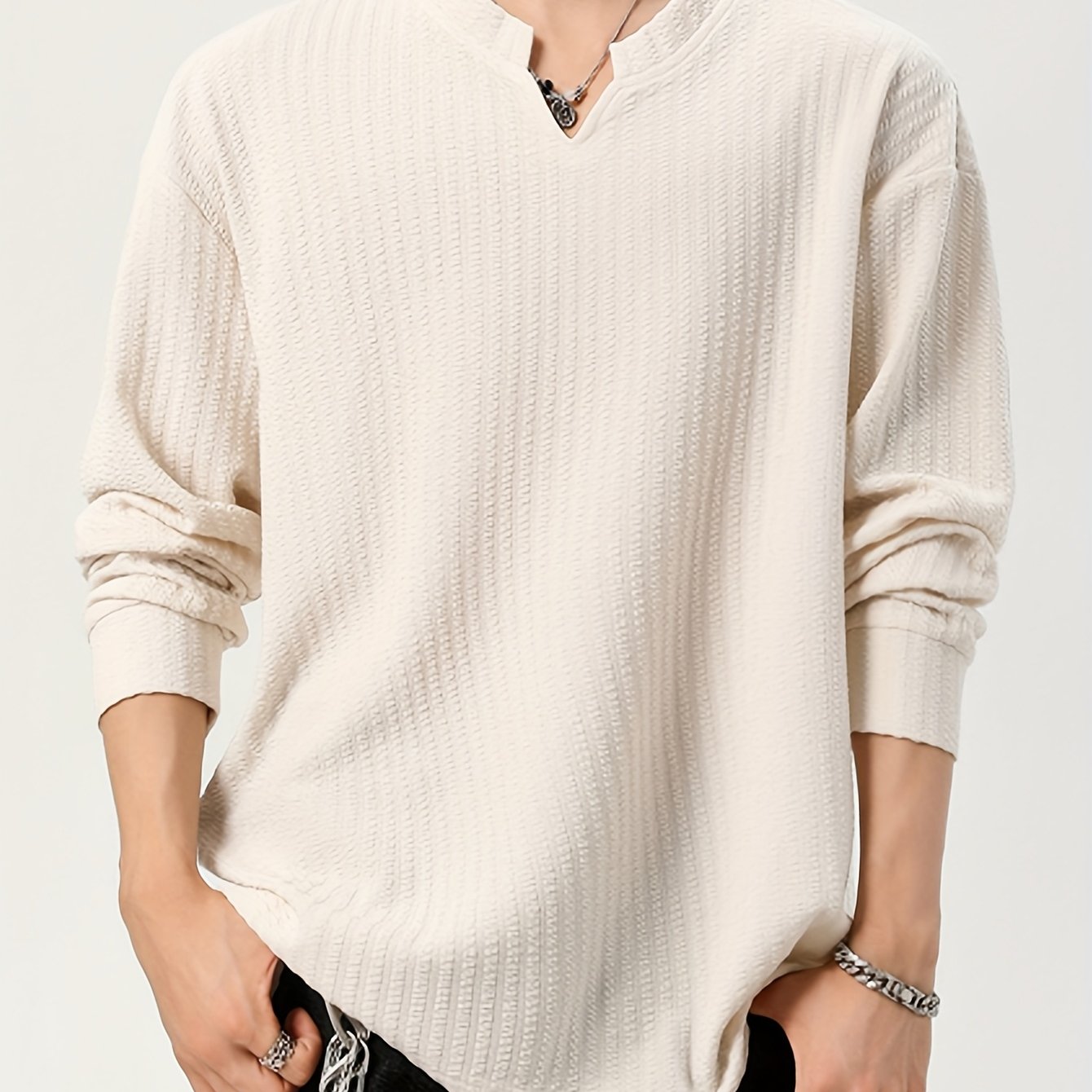 T-shirt Homme Manches Longues Texture Texturée Col V Doux Couleur Unie