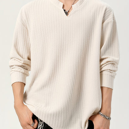 T-shirt Homme Manches Longues Texture Texturée Col V Doux Couleur Unie