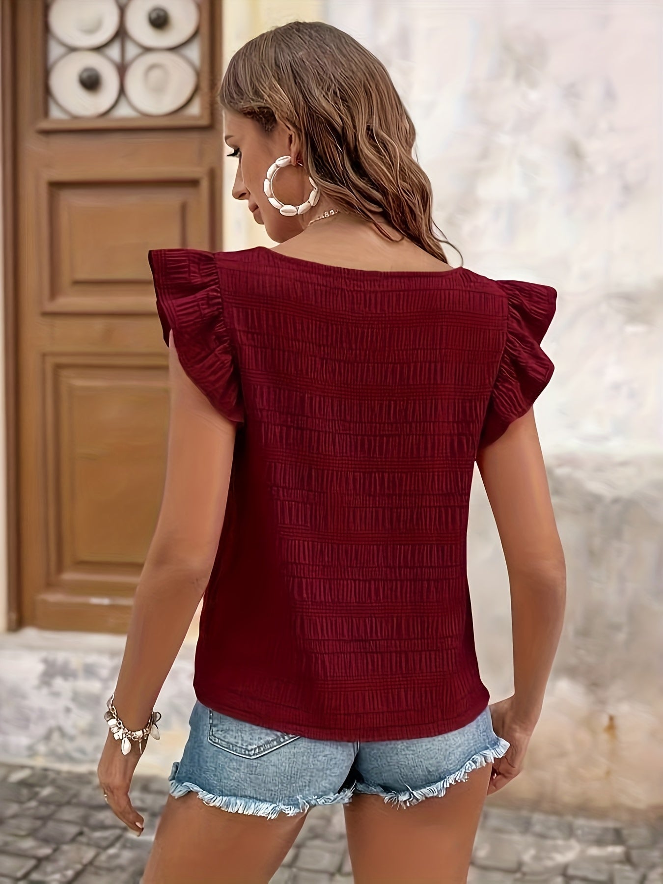 Damenoberteil im Boho-Stil mit Volants und kurzen Ärmeln, lässig für den Sommer