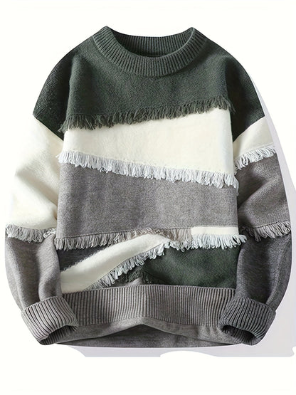 Pull Homme Col Rond Color Block à Franges Tricoté Décontracté