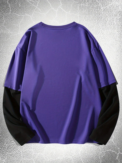 T-shirt Homme Manches Longues Bicolore Imprimé Dragon Épée
