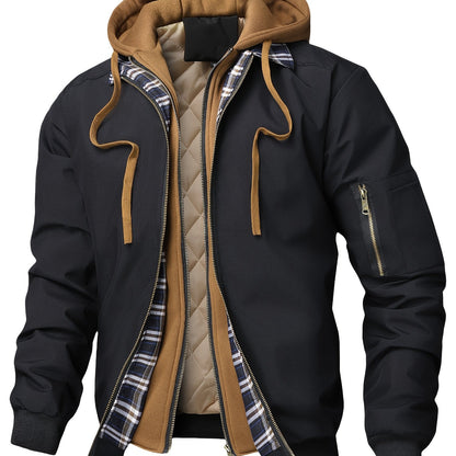 Veste homme style bombardier avec capuche et doublure matelassée amovible, beige