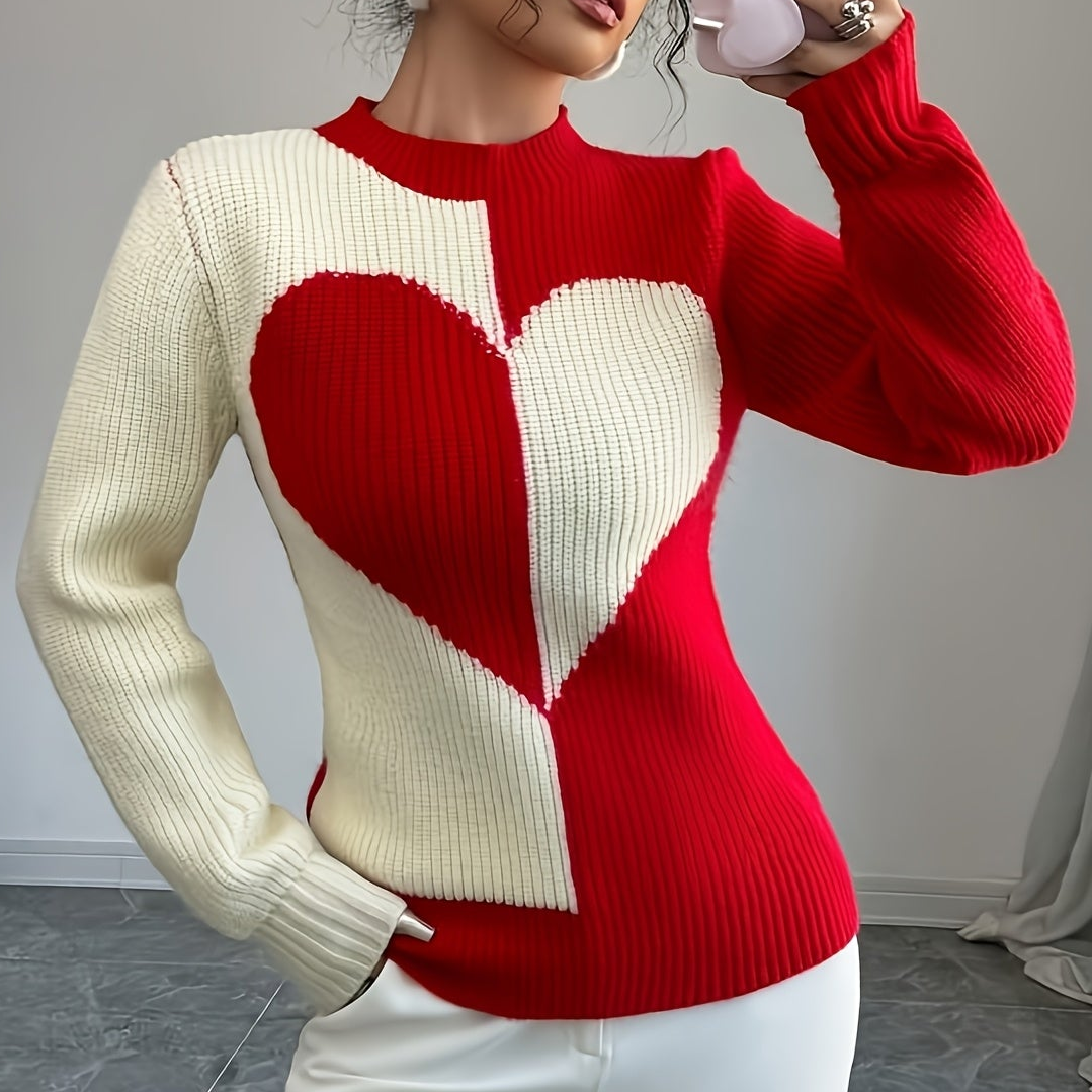 Pull femme bicolore côtelé à motif cœur, col montant, manches longues