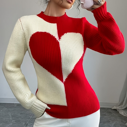 Pull femme bicolore côtelé à motif cœur, col montant, manches longues