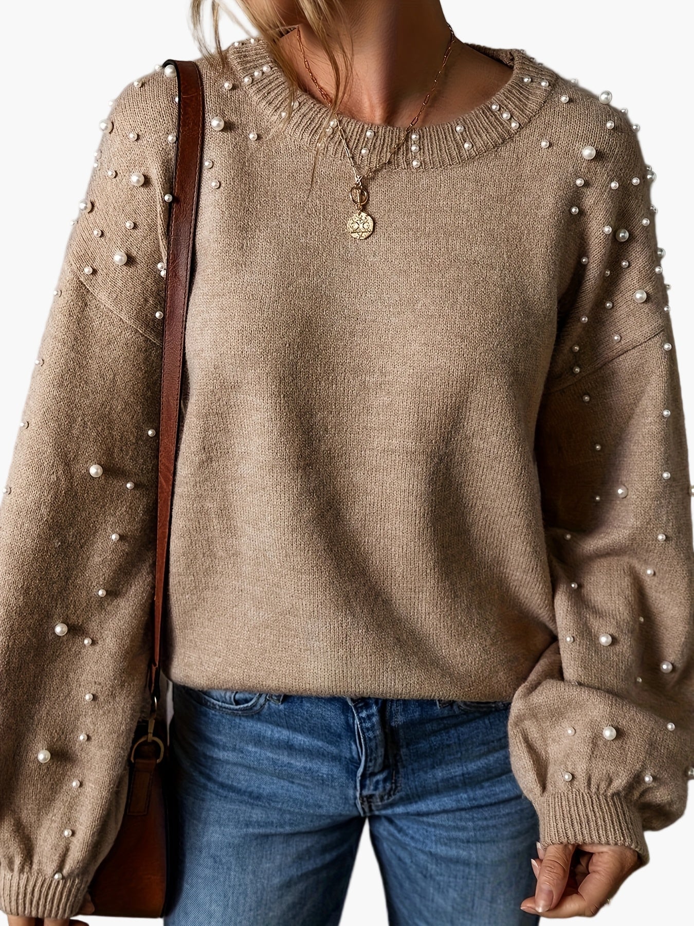 Elegant women's sweater with pearls, casual style, long sleeves