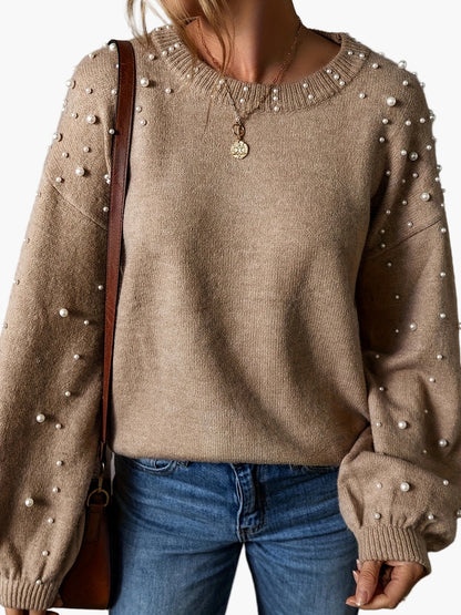 Elegant women's sweater with pearls, casual style, long sleeves