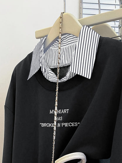 Sweat-shirt Femme à Superposition Chemise Rayée Col Classique