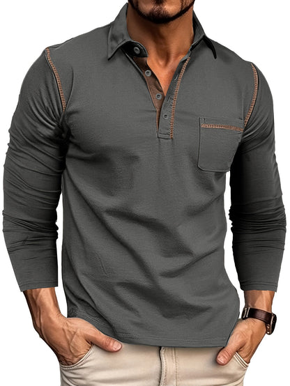 Polo Homme Manches Longues à Col Relevé avec Patte de Boutons et Poches Poitrine Décoratives