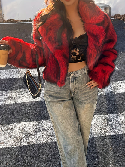 Veste courte en fausse fourrure rouge à motif Femme
