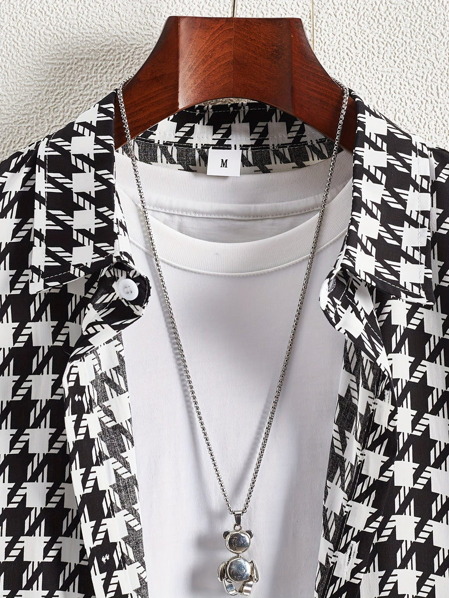 Men's Short Sleeve Resort Shirt with Geometric Print - Casual Urban Style