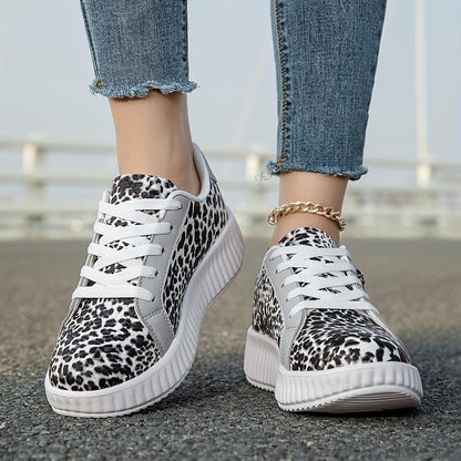 Baskets Femme Léopard Mode à Lacets avec Plateforme et Fermeture Éclair - Style Urbain Décontracté