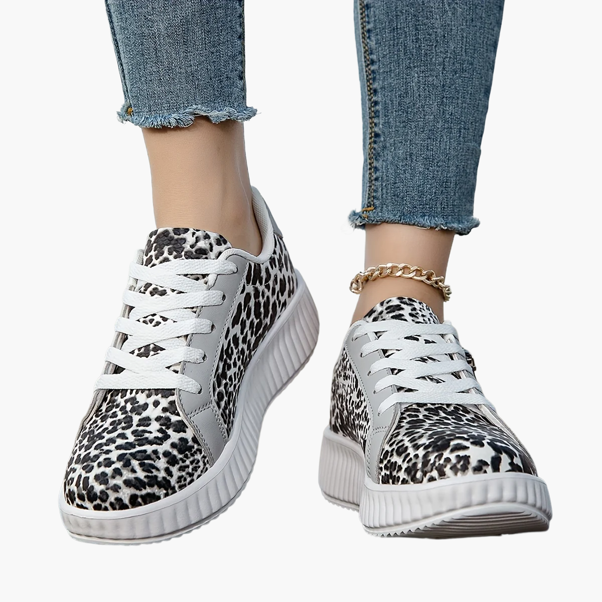 Baskets Femme Léopard Mode à Lacets avec Plateforme et Fermeture Éclair - Style Urbain Décontracté