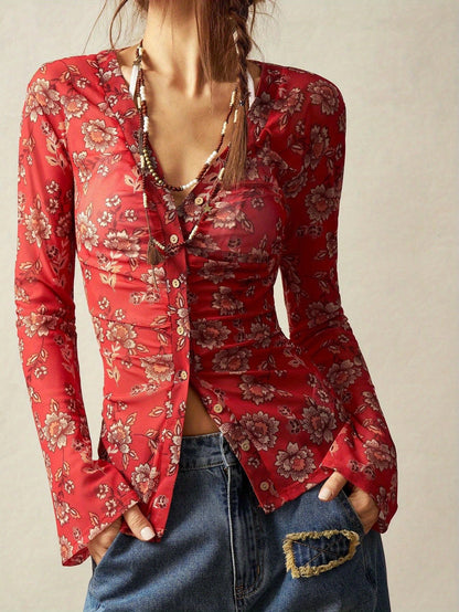 Camicia donna stile bohémien a fiori, taglio aderente, maniche lunghe, ideale primavera-estate